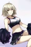  1girl ahoge alternate_costume bare_shoulders blonde_hair blue_background breasts cheerleader fate/grand_order fate_(series) grin groin jeanne_alter looking_at_viewer midriff navel pom_poms ruler_(fate/apocrypha) short_hair skirt smile solo somechime_(sometime1209) twitter_username yellow_eyes 