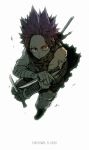  1boy alternate_costume animal_print boku_no_hero_academia character_name dual_wielding earrings full_body grey_background highres jewelry kirishima_eijirou knife looking_at_viewer male_focus red_eyes redhead scar simple_background sleeveless solo spiky_hair weapon_on_back xiao_(creation0528) 