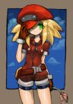  1girl blonde_hair breasts cabbie_hat dakusuta gloves green_eyes hat highres long_hair red_shorts rockman rockman_dash roll_caskett shorts solo 