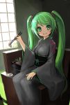  1girl bangs black_kimono chopsticks clothes_writing day green_eyes green_hair hatsune_miku highres hiro1984 holding holding_chopsticks indoors japanese_clothes kimono long_hair looking_at_viewer parted_lips scrunchie sketch smile solo twintails very_long_hair vocaloid window 