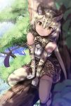  1girl animal_ears animal_print awa_(rosemarygarden) blonde_hair bow bowtie elbow_gloves forest gloves hair_between_eyes in_tree kemono_friends leaf looking_at_viewer nature ocelot_(kemono_friends) ocelot_ears ocelot_print print_legwear print_skirt shirt short_hair sitting sitting_in_tree skirt sleeveless sleeveless_shirt solo thigh-highs tree yellow_eyes 