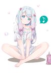  1girl absurdres barefoot between_legs blue_eyes bottomless bow collarbone eromanga_sensei eyebrows_visible_through_hair full_body grey_shirt hair_between_eyes hair_bow hand_between_legs head_tilt highres indian_style izumi_sagiri long_hair musical_note off_shoulder pink_bow shirt silver_hair simple_background sitting smile solo white_background yossui_(pixiv15805214) 