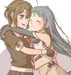  2girls ;d ^_^ ahoge bangs black_hair black_serafuku blue_hair brown_hair cheek-to-cheek closed_eyes elbow_gloves gloves gradient_hair hair_flaps hug kantai_collection long_hair multicolored_hair multiple_girls mutual_hug neckerchief one_eye_closed open_mouth remodel_(kantai_collection) sailor_collar samidare_(kantai_collection) school_uniform serafuku shigure_(kantai_collection) shirt simple_background sleeveless sleeveless_shirt smile snowchild swept_bangs very_long_hair white_background 