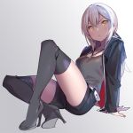  1girl arm_support black_jacket black_shorts boots fate_(series) frown full_body grey_shirt hair_between_eyes high_heel_boots high_heels jacket jewelry long_hair looking_at_viewer necklace ponytail pop_kyun saber saber_alter serious shirt shorts sitting thighs yellow_eyes 