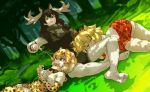  3girls animal_ears antlers black_hair blonde_hair bow bowtie elbow_gloves feet forest fur_collar gloves hair_between_eyes highres jaguar_(kemono_friends) jaguar_ears kemono_friends lap_pillow lion_(kemono_friends) lion_ears long_hair long_sleeves moose_(kemono_friends) moose_ears multicolored_hair multiple_girls nature no_shoes open_mouth pantyhose pleated_skirt scarf shirt short_hair short_sleeves skirt sleeping soles tail thigh-highs wokue 