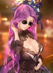  adjusting_hair alternate_costume black_dress black_ribbon blurry bokeh breasts cleavage depth_of_field dress fate/grand_order fate/stay_night fate_(series) flower hair_flower hair_ornament highres large_breasts light_particles long_hair meme purple_hair ribbon rider salt_bae_(meme) smile sunglasses very_long_hair violet_eyes yang-do 