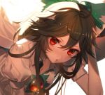  1girl ahoge backlighting bow breasts brown_hair cape cleavage collared_shirt commentary_request green_bow hair_between_eyes hair_bow hand_in_hair hand_on_own_head kikugetsu long_hair looking_at_viewer puffy_short_sleeves puffy_sleeves red_eyes reiuji_utsuho shirt short_sleeves solo third_eye touhou tsurime upper_body white_background white_cape white_shirt 