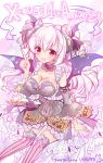  1girl anniversary arm_at_side bat_wings breasts cleavage copyright_name demon_girl demon_horns detached_sleeves fairu-la-lira frills hinata_momo horns looking_at_viewer open_mouth pointing red_eyes sketch solo striped striped_legwear thigh-highs white_hair wings x-overd 