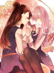  2girls blush brown_hair closed_eyes dress face-to-face flower hair_flower hair_ornament hair_over_one_eye hand_holding interlocked_fingers kagari_atsuko leila_(yurisouls) little_witch_academia long_hair long_sleeves multiple_girls one_side_up pale_skin pantyhose purple_hair rose school_uniform smile sparkle sucy_manbavaran yuri 