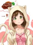  !! &gt;:3 ... 1girl :3 animal_ears animal_hood blush breasts brown_hair camisole cat_ears cat_hood cat_tail collarbone commentary_request drooling eyebrows_visible_through_hair fang fang_out food green_eyes hamburger_steak highres hood hoodie idolmaster idolmaster_cinderella_girls maekawa_miku paw_print saliva short_hair sparkle sparkling_eyes tail takeya_y0615 thought_bubble vegetable white_background 
