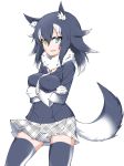  1girl animal_ears black_hair blue_eyes blush breasts crossed_arms erect_nipples fur_collar gloves grey_wolf_(kemono_friends) heterochromia highres kemono_friends long_hair long_sleeves looking_at_viewer multicolored_hair necktie open_mouth simple_background skirt solo tail thigh-highs two-tone_hair white_background wolf_ears wolf_tail yellow_eyes zettai_ryouiki 