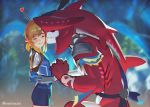  2boys biceps blonde_hair blush closed_eyes earrings fins fishman gloves jewelry kiss link long_hair male_focus mimme_(haenakk7) monster_boy multiple_boys muscle pointy_ears ponytail sidon smile the_legend_of_zelda the_legend_of_zelda:_breath_of_the_wild upper_body yaoi yellow_eyes zora 