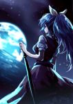  1girl blue_hair bow breasts cowboy_shot earth from_behind hair_bow long_hair nooca ponytail sketch skirt solo space sword touhou vest watatsuki_no_yorihime weapon 