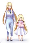  2girls age_switch bangs blonde_hair blunt_bangs braid character_doll clefable clefairy closed_eyes dress french_braid gem green_eyes hair_over_shoulder hand_holding highres lillie_(pokemon) long_hair looking_at_viewer lusamine_(pokemon) mother_and_daughter multiple_girls older pokemon pokemon_(game) pokemon_sm role_reversal sandals shiroinuchikusyo smile very_long_hair white_background white_dress younger 