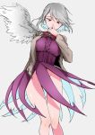  1girl breasts cowboy_shot dress grey_background hand_to_own_mouth jacket kishin_sagume looking_down no_panties nooca red_eyes ribbon short_hair silver_hair simple_background single_wing sketch solo touhou wings 