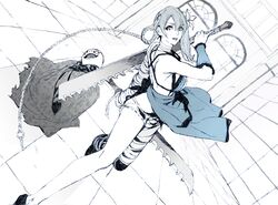  1boy 1girl asymmetrical_clothes asymmetrical_hair bandage blade chains elbow_gloves emil_(nier) flower full_body gloves greyscale hair_ornament high_heels highres kaine_(nier) legs lingerie long_hair looking_at_viewer monochrome nier nier_(series) nobita panties shoes simple_background slender_waist sword thigh-highs underwear weapon 