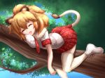  1girl ^_^ ^o^ animal_ears breast_press breasts cat_ears cat_tail closed_eyes coco_ankou day full_body fur_collar highres kemono_friends large_breasts lion_(kemono_friends) lion_ears lion_tail long_hair lying on_stomach open_mouth pleated_skirt resting school_uniform serafuku shoes short_sleeves skirt sky solo tail thigh-highs tree tree_branch 