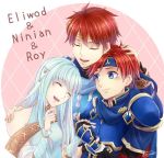  1girl 2boys :d armor bare_shoulders blue_eyes blue_hair blush character_name circlet closed_eyes closed_mouth collar couple detached_sleeves dress eliwood eliwood_(fire_emblem) embarrassed family father_and_son fingerless_gauntlets fire_emblem fire_emblem:_fuuin_no_tsurugi fire_emblem:_rekka_no_ken fire_emblem_heroes gauntlets hair_ornament hand_holding hand_on_another&#039;s_shoulder happy headband hetero highres hug husband_and_wife light_blue_hair long_hair looking_at_another mother_and_son multiple_boys ninian nintendo open_mouth pauldrons redhead round_teeth roy_(fire_emblem) short_hair smile strapless strapless_dress teeth tiara time_paradox upper_body very_long_hair 