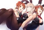  3girls animal_ears aquila_(kantai_collection) bare_arms bare_shoulders black_legwear blonde_hair blue_eyes breasts brown_hair bunny_girl bunny_tail bunnysuit character_request cleavage collarbone detached_collar fake_animal_ears graf_zeppelin_(kantai_collection) hair_between_eyes kantai_collection leotard looking_at_viewer medium_breasts multiple_girls necktie open_mouth orange_hair pantyhose playboy ponytail rabbit_ears red_necktie saratoga_(kantai_collection) sitting smile tail wrist_cuffs yomo_(majidon) 