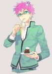  1boy antennae eating food gakuran glasses male_focus pink_hair pudding saiki_kusuo saiki_kusuo_no_psi_nan school_uniform signature solo spoon spoon_in_mouth toujou_sakana upper_body violet_eyes whipped_cream 