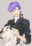  1boy aqua_eyes fang gakuran knitting knitting_needle male_focus needle open_mouth pompadour purple_hair school_uniform shounan_bakusouzoku signature smile solo star toujou_sakana turtleneck upper_body yarn yousuke_eguchi 