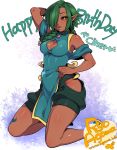  1girl agawa_ryou arm_up artist_name black_sclera braid breasts cleavage dark_skin green_hair hair_over_one_eye happy_birthday kneeling long_hair looking_at_viewer pointy_ears signature small_breasts solo thigh_cutout thighs twin_braids yellow_eyes 