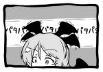  1girl bat_wings border commentary_request excited face flapping greyscale head_wings kch koakuma monochrome motion_lines solo touhou translation_request wide-eyed wings 
