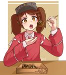  1girl braid brown_eyes brown_hair dress_shirt eating food highres jacy kantai_collection kusoj long_hair looking_at_viewer magatama open_mouth ryuujou_(kantai_collection) shinkaisei-kan shirt solo takoyaki twin_braids upper_body visor_cap 