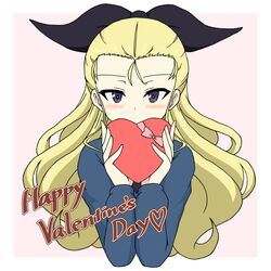  1girl assam_(girls_und_panzer) black_ribbon blonde_hair blue_eyes blue_sweater blush border commentary covering_mouth cropped_torso emblem english_text gift girls_und_panzer hair_pulled_back hair_ribbon happy_valentine heart highres holding holding_gift ichinose_jun long_hair long_sleeves looking_at_viewer outside_border pink_background ribbon school_uniform solo st._gloriana&#039;s_school_uniform sweater upper_body v-neck valentine white_border 