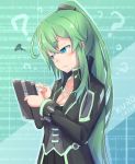  1girl ? aqua_eyes artist_name background_text bangs black_jacket black_skirt bracelet breasts choker cleavage closed_mouth coat collar collarbone dated destiny_(game) english eyebrows_visible_through_hair furrowed_eyebrows green_background green_eyes green_hair hair_between_eyes hands_up high_collar high_ponytail holding jacket jewelry kuroda_kuwa long_hair long_sleeves looking_down neon_trim original reading shiny shiny_hair signature skirt sleeve_cuffs solo squiggle standing sweat sweatdrop tablet upper_body warlock_(destiny) 