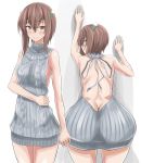  1girl against_wall alternate_costume aran_sweater ass back backless_outfit bare_arms bare_back bare_shoulders bent_over blush breasts brown_eyes brown_hair butt_crack closed_mouth cowboy_shot drawstring dress from_behind hair_between_eyes halterneck headband highres kantai_collection looking_at_viewer matsunaga_garana meme_attire multiple_views naked_sweater open-back_dress ribbed_sweater sideboob sleeveless sleeveless_turtleneck small_breasts sweater sweater_dress taihou_(kantai_collection) turtleneck turtleneck_sweater virgin_killer_sweater 