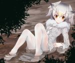  1girl blush brown_eyes buttons coat fur_collar fur_trim grey_hair hair_between_eyes head_wings kemono_friends long_sleeves looking_at_viewer multicolored_hair no_shoes noa_(nagareboshi) northern_white-faced_owl_(kemono_friends) pantyhose partially_submerged river see-through short_hair solo water wet wet_clothes white_hair white_legwear 