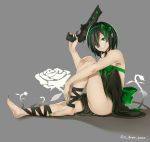  1girl barefoot black_hair bow destiny_(game) e_draw_paint fang feet green_eyes grey_background gun hair_bow highres looking_at_viewer nail_polish personification short_hair sitting smile solo thorn_(destiny) toenail_polish twitter_username weapon 