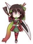  1girl :o arm_at_side arm_up arm_warmers armor bangs blush brown_hair chestnut_mouth chibi crop_top expressionless eyebrows_visible_through_hair flower_knight_girl full_body green_ribbon green_skirt hair_between_eyes hair_ornament hair_ribbon hair_stick holding holding_sword holding_weapon japanese_armor japanese_clothes kusazuri leaf_hair_ornament looking_at_viewer momiji_(flower_knight_girl) multicolored multicolored_clothes multicolored_scarf pink_eyes pleated_skirt ribbon sandals scarf shin_guards shiny shiny_hair short_hair skirt sleeveless sode solo standing strapless sword triangle_mouth tubetop vambraces weapon white_background wil_(lion) 