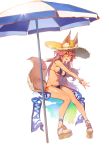  1girl beach_umbrella bikini blue_bikini bracelet breasts cleavage fate/grand_order fate_(series) fox_tail hair_between_eyes hat highres jewelry long_hair navel olys pink_hair platform_footwear sandals side-tie_bikini simple_background sitting smile solo straw_hat string_bikini sun_hat sweat swimsuit tail tamamo_(fate)_(all) tamamo_no_mae_(swimsuit_lancer)_(fate) umbrella white_background yellow_eyes 