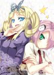  2girls angry aqua_eyes bangs blonde_hair blue_eyes blush busou_shoujo_machiavellism character_request closed_mouth crossed_arms green_eyes hair_over_one_eye kanzaki_karuna kikakujou_mary long_hair long_sleeves multiple_girls necktie open_mouth pink_hair red_necktie school_uniform serafuku short_hair short_sleeves star 