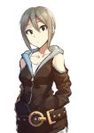  1girl bare_shoulders belt belt_buckle black_eyes black_sweater buckle collarbone hands_in_pockets highres hood hoodie idolmaster idolmaster_cinderella_girls looking_at_viewer shiomi_shuuko short_hair silver_hair simple_background solo sweater takeya_y0615 white_background 