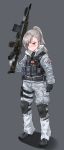  1girl absurdres belt buck_(rainbow_six_siege) camouflage canadian_flag closers cosplay crossover digital_camouflage eyebrows_visible_through_hair eyes_visible_through_hair frost_(rainbow_six_siege) full_body gloves gun hair_over_one_eye highres jacket knee_pads load_bearing_vest operator pants ponytail pouch rainbow_six_siege red_eyes silver_hair solo ssamjang_(misosan) tactical_clothes tina_(closers) trigger_discipline weapon weapon_request 
