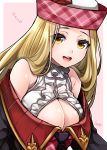  1girl :d absurdres artist_name bare_shoulders black_necktie blonde_hair breasts character_request cleavage diola_(granblue_fantasy) eyebrows_visible_through_hair eyelashes eyes_visible_through_hair frilled_shirt frilled_shirt_collar frills gold_trim granblue_fantasy hair_over_shoulder hat highres large_breasts leaning_forward lips long_hair long_sleeves looking_at_viewer necktie open_mouth outside_border pink_background plaid plaid_hat raised_eyebrows shirt smile solo takatsuki_ichi teeth text white_border white_shirt wing_collar yellow_eyes 