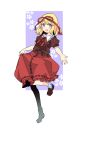  1girl :d blonde_hair blue_eyes blush bobby_socks brown_shirt full_body hair_ribbon haya_taro_pochi leg_up loafers looking_at_viewer medicine_melancholy neck_ribbon open_mouth puffy_short_sleeves puffy_sleeves pulled_by_self red_ribbon red_skirt ribbon shirt shoes short_hair short_sleeves skirt skirt_pull smile socks solo touhou white_legwear 