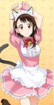  1girl animal_ears apron arms_up bell bow bowtie brown_eyes brown_hair cat_ears cat_tail cowboy_shot dress fake_animal_ears looking_at_viewer maid maid_headdress nisekoi one_leg_raised onodera_kosaki pink_dress red_bow red_bowtie short_dress short_hair_with_long_locks sidelocks smile solo standing tail wrist_cuffs 