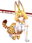  1girl absurdres all_fours animal_ears bangs blonde_hair boots bow breasts character_name elbow_gloves eyebrows_visible_through_hair gloves hanging_breasts highres japari_symbol kedama_(nexusnnn) kemono_friends looking_at_viewer medium_breasts paw_pose serval_(kemono_friends) serval_ears serval_print serval_tail shiny shiny_hair shiny_skin shirt short_hair skirt sleeveless sleeveless_shirt smile solo tail thigh-highs thigh_boots underwear white_background yellow_eyes yellow_skirt 