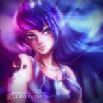  1girl alexandra_mae blue_dress blue_eyes blue_hair blurry breasts cleavage collarbone dress lips long_hair luna_(my_little_pony) my_little_pony my_little_pony_friendship_is_magic parted_lips personification solo tattoo tiara upper_body watermark web_address 