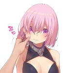  1girl armor armored_dress arms_at_sides bare_shoulders cheek_pinching cleavage_cutout collarbone eyes_visible_through_hair fate/grand_order fate_(series) hair_over_one_eye pinching pop_kyun purple_hair shielder_(fate/grand_order) short_hair upper_body violet_eyes 