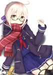  1girl 7_calpis_7 ahoge bangs black-framed_eyewear blonde_hair braid commentary_request fate/grand_order fate_(series) glasses heroine_x heroine_x_(alter) highres holding holding_sword holding_weapon looking_at_viewer plaid plaid_scarf red_scarf saber scarf school_uniform semi-rimless_glasses skirt solo sword thigh-highs under-rim_glasses weapon yellow_eyes 