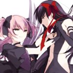  10s 2girls absurdres akemi_homura akuma_homura bare_shoulders black_hair elbow_gloves gloves hand_holding highres kaname_madoka kriemhild_gretchen mahou_shoujo_madoka_magica mahou_shoujo_madoka_magica_movie misteor multiple_girls navel side_slit sketch smile violet_eyes white_background yellow_eyes 