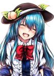  1girl :d ^_^ ^o^ arms_at_sides arms_behind_back backlighting bangs black_hat blouse blue_hair blush bow bowtie bright_background closed_eyes collared_shirt eyebrows_visible_through_hair food frills fruit hair_between_eyes hair_over_shoulder happy hat head_tilt highres hinanawi_tenshi leaf long_hair looking_at_viewer open_mouth outdoors peach puffy_short_sleeves puffy_sleeves red_bow red_bowtie shirt short_sleeves sidelocks simple_background smile solo touhou upper_body white_background white_blouse white_shirt wing_collar yuhito_(ablbex) 