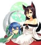 2girls animal_ears bare_shoulders blouse blue_hair breasts brown_hair cleavage closed_eyes collarbone colored_eyelashes drill_hair elbow_rest grass_root_youkai_network green_kimono highres imaizumi_kagerou japanese_clothes ke-su kimono long_hair long_skirt long_sleeves lying medium_breasts mermaid monster_girl multiple_girls off_shoulder on_stomach petting red_eyes red_skirt short_hair sitting skirt smile tail touhou wakasagihime white_blouse wide_sleeves wolf_ears wolf_tail yokozuwari 