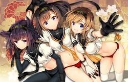  3girls adapted_costume ahoge akizuki_(kantai_collection) ariko_youichi bare_legs black_gloves black_hair blue_eyes bodysuit braid breasts brown_hair clothes_writing crop_top gloves groin hair_flaps hair_ornament hairband hatsuzuki_(kantai_collection) headband jitome kantai_collection light_brown_hair long_hair looking_at_viewer lying medium_breasts midriff multiple_girls navel neckerchief on_back on_side open_mouth panties reaching_out red_panties sailor_collar school_uniform serafuku short_hair small_breasts smile teruzuki_(kantai_collection) thighs twin_braids underwear 