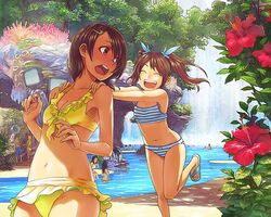  2girls :d ^_^ bikini blush brown_eyes brown_hair closed_eyes coral flower flower_request grin guchico hair_ornament hairclip hands hands_on_shoulders hibiscus long_hair multiple_boys multiple_girls muted_color nature open_mouth original pool pushing running sandals scenery short_hair slide smile swimsuit twintails water waterfall 